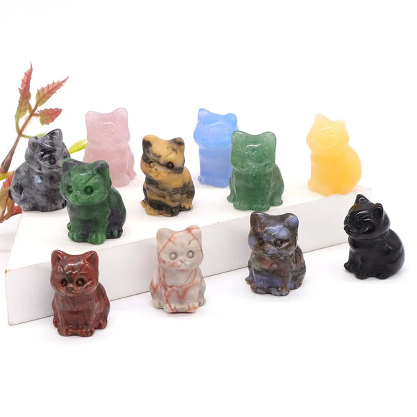 1.2" Cute Cat Statue Natural Stone Crystal Hand Carved