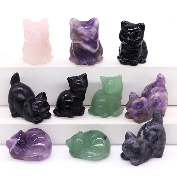 1.2" Mini Cat Statue Natural Stones Crystals Reiki Healing Quartz Gemstone Animal Figurine Craft Home Decoration Christmas Gift