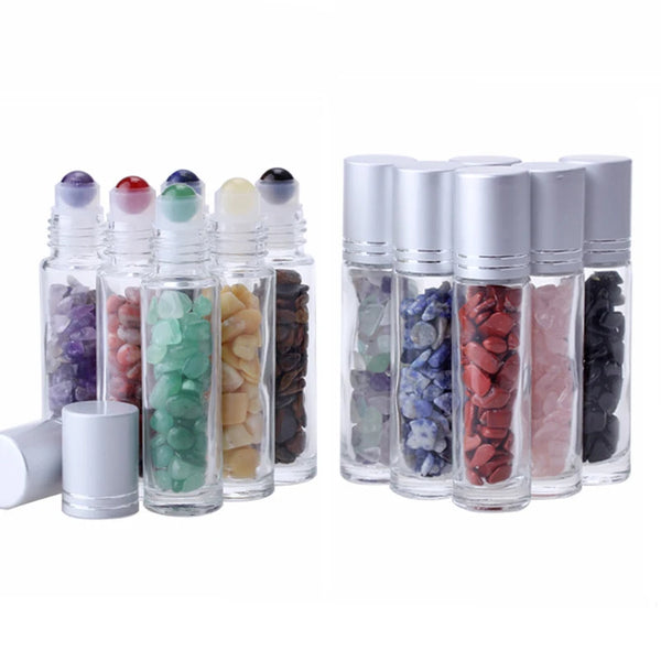 10PCS 10ml Glass Roll On Bottles for Essential Oil Perfume Natural Gemstone Roller Bottle with Crystal Chip Refillable Container