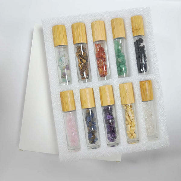 10Pcs 10ml Roll On Bottle Essential Oil Natural Jade Roller Bottles with Crystal Chip Glass Travel Refillable Bottle Containers