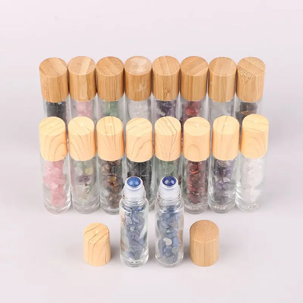 10ml Roll On Bottle With Gemstone Roller Ball Crystal Chips Inside Glass Rolle Essential Oil Sample Container Bamboo Lids