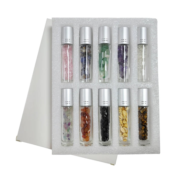 10pcs Essential Oil Bottles Roll On Roller Ball Crystal Chips Semiprecious Stones Bottle 10ml Refillable Perfume Empty Container