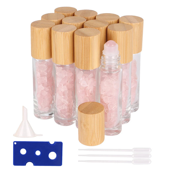 12/24pcs 10ml Glass Roll on Bottles with Pink Natural Gemstone Roller Ball for Essential Oil Liquid with Crystal and Bamboo Lids