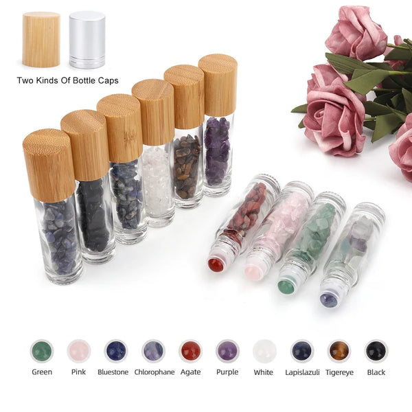 1PC 10ml Roll On Bottle Essential Oil Natural Jade Roller Bottles with Crystal Chip Glass Travel Refillable Bottle Containers