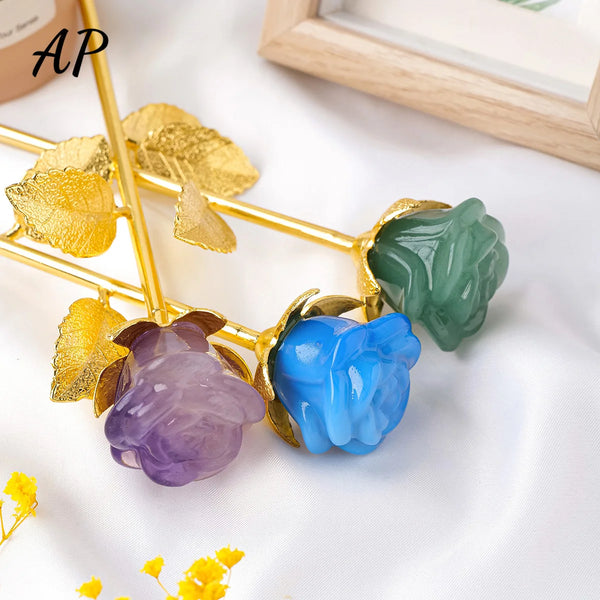 1PC Natural Crystal Rose Carving Golden Ieaves Simulation Flowers Creative Valentine's Day Gifts To Girlfriend Birthday