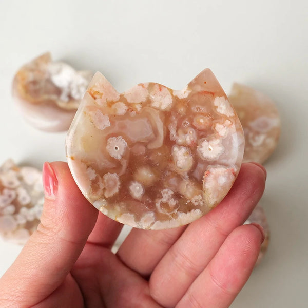 Natural Crystal Stone Cherry Blossom Agate Cat Head Shaped Bowl