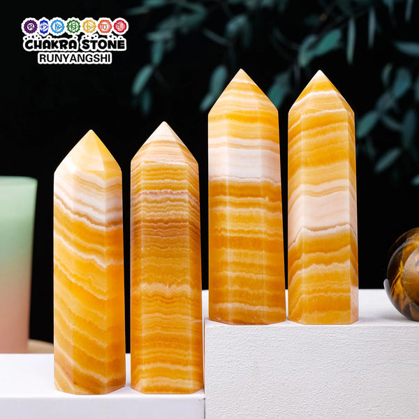 1PC Natural Crystal Stone Yellow Calcite Point Wand Tower Energy Gem Hexaprism Home Craft Decoration Halloween Healing 2023