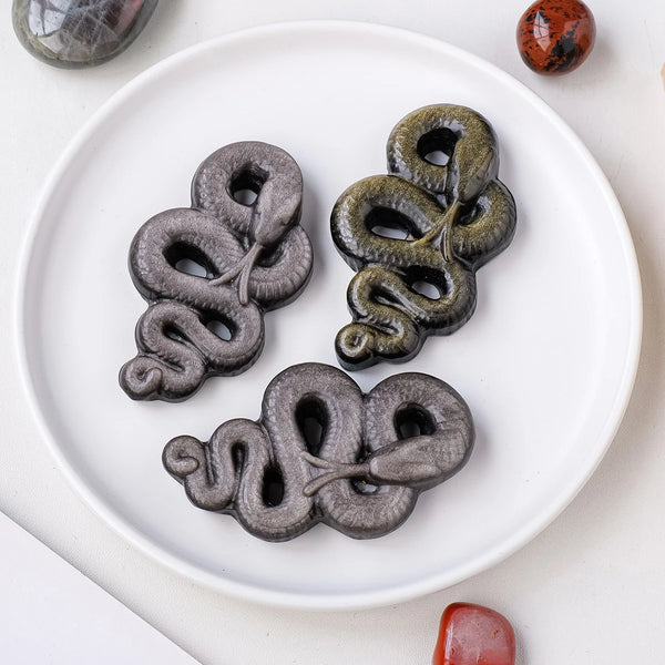 Natural Golden Silver Obsidian Snake Statue