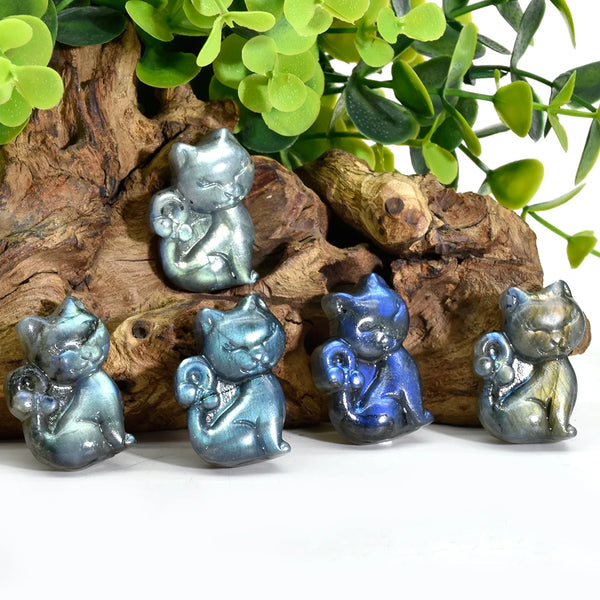 Natural Labradorite Crystal Hand Carving Cute Animal Cat