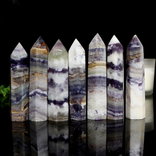 Natural Purple Fluorite Root Agate Tower Crystal Point Wand