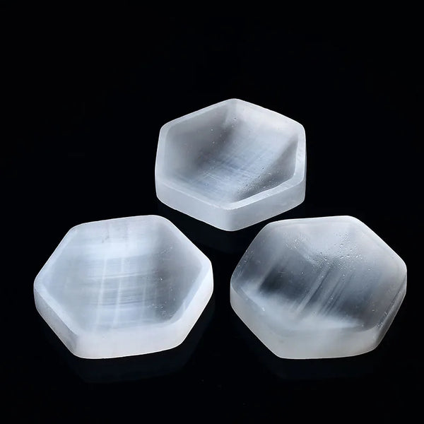 Natural Selenite Bowl Plate Rough Carved Hexagon Shape Crystal Grid