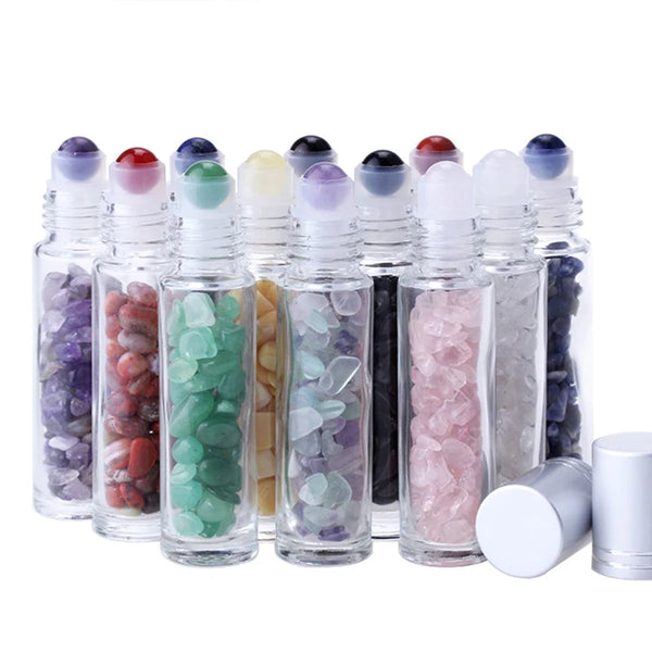 1pc 10ml Essential Oil Bottles Roll On Roller Ball Healing Crystal Chips Semiprecious Stones Bottles Refillable Bottle Container