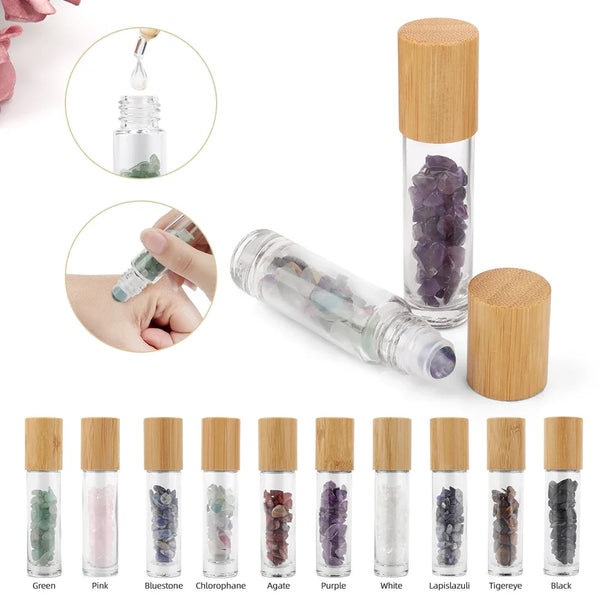 1pc 10ml Natural Gemstone Jade Roller Bottle Bamboo Grain Lid Refillable Essential Oil Bottle Empty Glass Bottle with Jade Stone