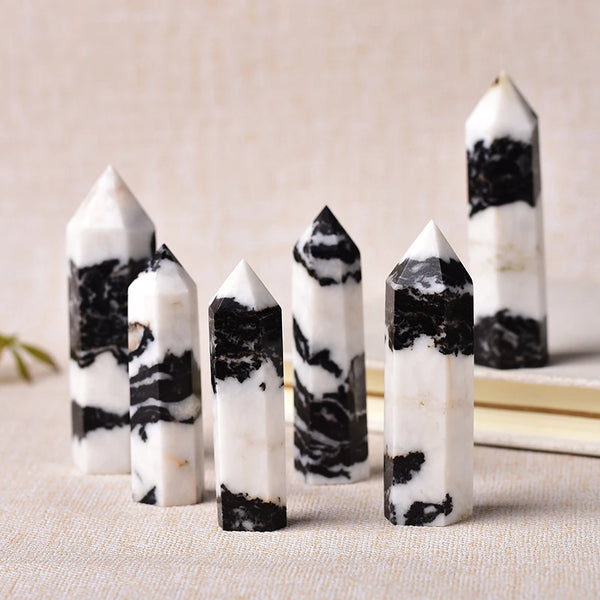 Natural Stone Crystal Point Healing Obelisk Black and White Zebra Quartz Wand