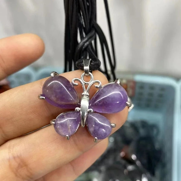 Natural Stone Butterfly Pendant Necklace Quartz Crystal Amethyst