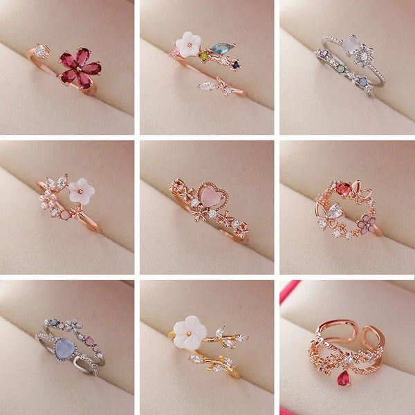 2022 New Fashion Crystal Zircon Rings Sweet Flower Leaf Butterfly Adjustable Open Rings Female Wedding Engagement Jewelry Gift