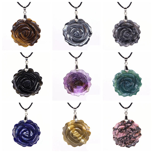 33mm Natural Stones Pendant Necklace Round Rose Flower