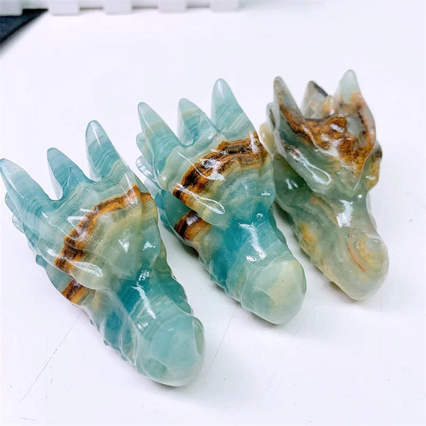 Natural Blue Onyx Dragon Skull Crystal Animal Carved Healing Energy Stone