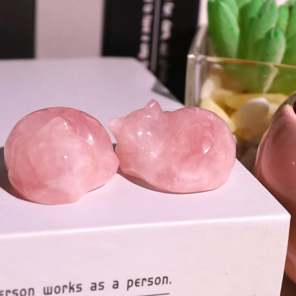 Rose Quartz Crystals Sleeping Cat Statue Healing Stone