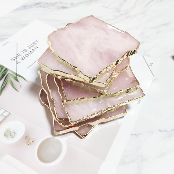 Rose Quartz Decor Coaster Natural Pink Crystal Coasters Gold Edge