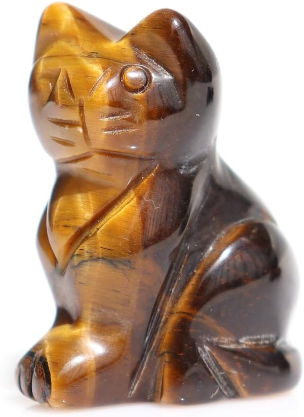 Gemstone Cat Figurines 1PC, Hand Carved Lucky Cat Statues, Healing Crystal Pocket Cat Carved Gemstone Animal Carvings for Decor 1.5''-Tiger Eye