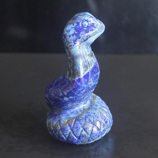 Hand Carved Gemstone Crystal Snake Figurine Animal Carving Statue Home Decor 2'' (Natural Lapis)