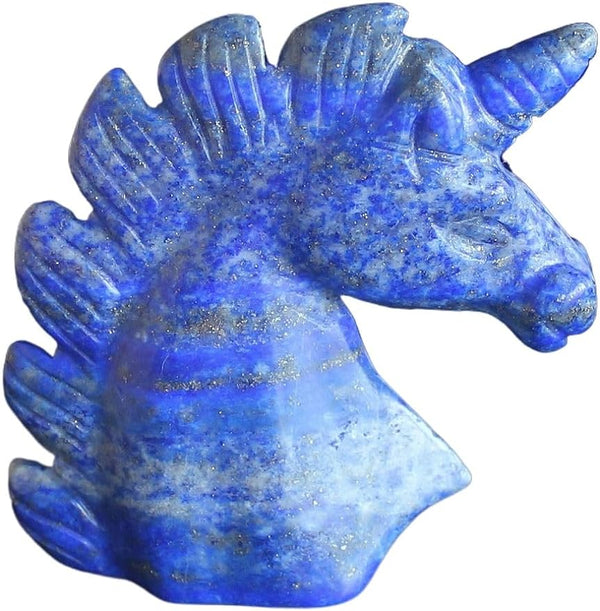 Hand Carved Gemstone Crystal Unicorn Figurine Animal Carving Statue Office Home Decor 2'' (Natural Lapis)