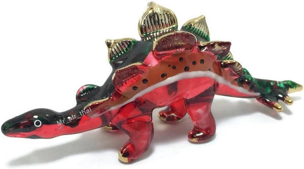 Tiny 2⅝" Long Red Green Stegosaurus Dinosaur Glass Figurine - Hand Blown Glass Reptile Miniature Colorful Crystal Decorative Collectible Figurines Home Décor Accents Gifts