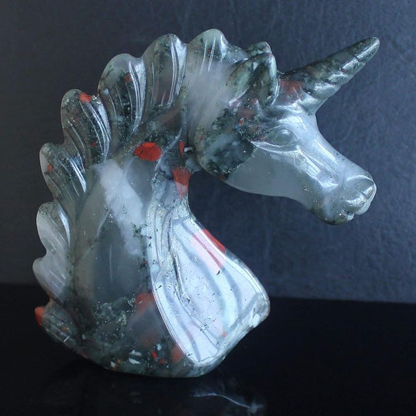 78mm Carved Gemstone Crystal Natural Blood Stone Unicorn Skull Figurine Carving Home Decor