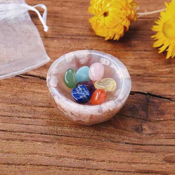 Natural Cherry Blossom Agate Bowl 2" Mini Cherry Agate Healing Crystal Bowl -Sakura Agate-Balance- Energy- Reiki- with Wooden Gift Box