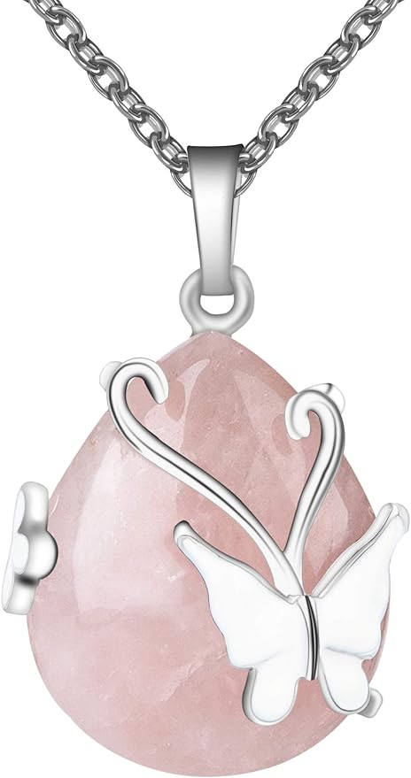 Wire Wrap Butterfly Gemstone Rose Quartz Healing Crystal Pendant