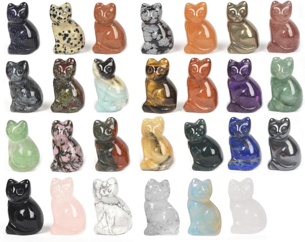 Quartz Crystal Gemstone Carved Cat Sculpture Animal Kitten Cat Statue 1.2inch Mini Crystal Sit Cat Figurine Smooth Cute Small Cat Energy Crystal Decor Gift(Pack of 6)