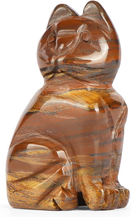 Tiger Eye Stone Cat Hand Carved Gemstone Healing Crystals Cat Figurines Animal Carving Cat Decor Statue 2 Inch (Gift Box)