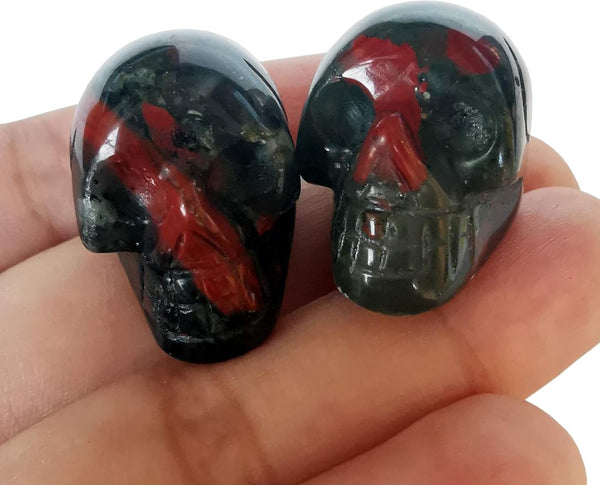 2 Pcs Natural African Bloodstone Mini Crystal Human Skull Figurines,1 Inch Handcarved Crystals and Healing Stone Room Decor Gemstone