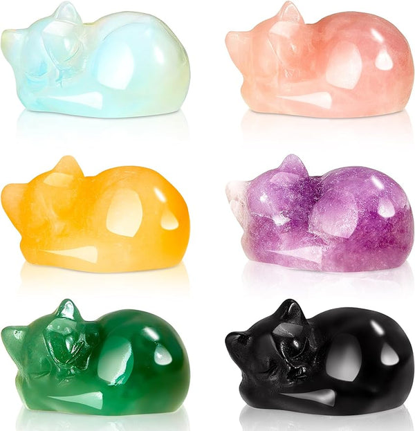 6 Pieces Crystal Cat Figurines Sleeping Cat Statues Cute Gemstone Cat Decor Small Carved Cat Sculpture for Women Gifts Office Home Animal Stone Decoration, 1.6 x 1.4 x 1 Inch