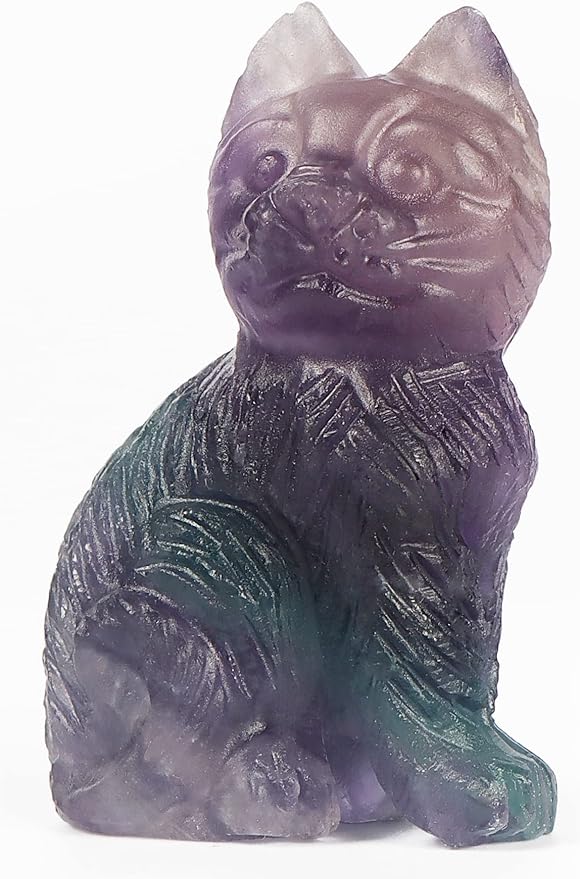 Rainbow Fluorite Crystals Cat Statue inch Hand-Carved Cat Figurine