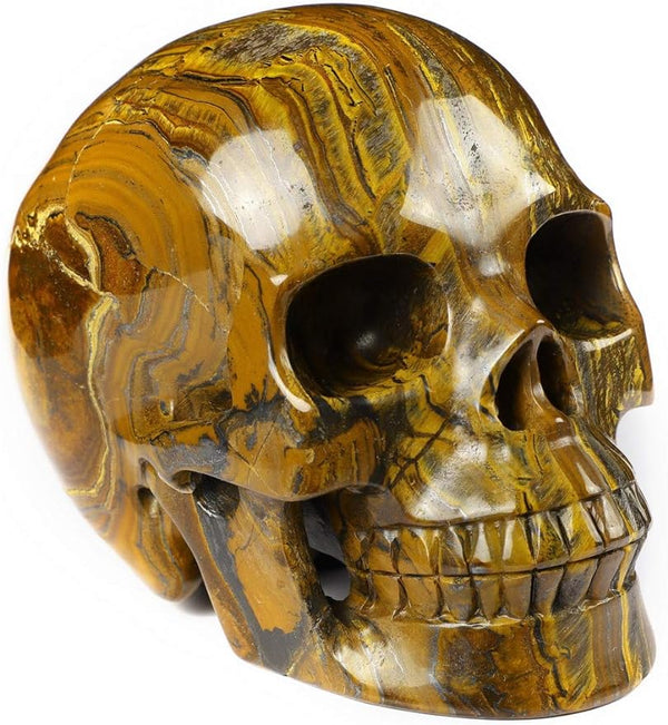 5.0" Tiger Iron Eye Crystal Skull, Hand Carved Gemstone Fine Art Sculpture, Reiki Healing Stone Statue.