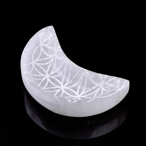 Selenite Moon Bowl Flower of Life Etched Selenite Crystal Tray