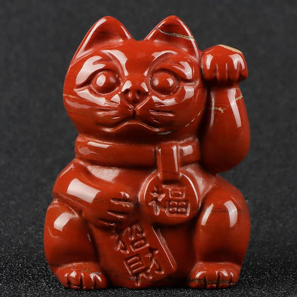 Red Jasper Crystal Lucky Cat Statue Hand Carved Feng Shui