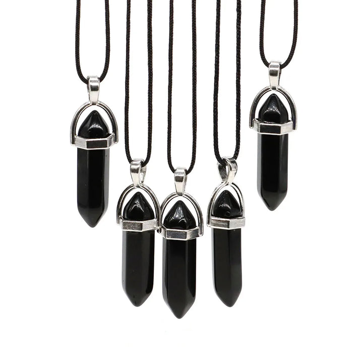 Crystal Hexagonal Column Pendant Natural Stone Black Obsidian Necklaces