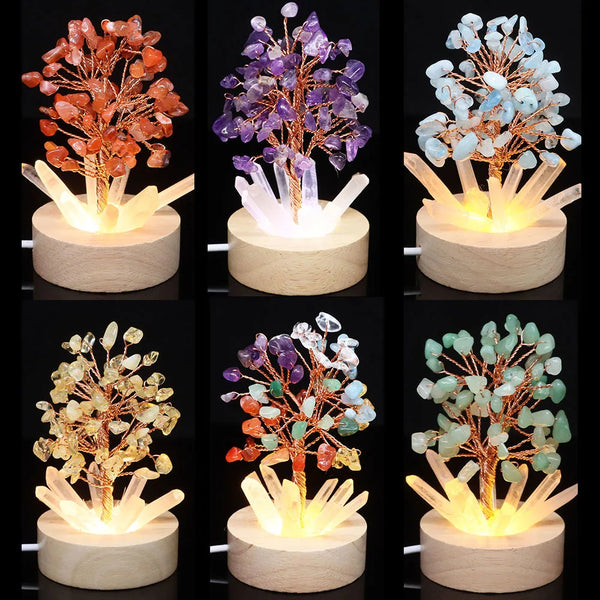 Crystals Money Trees LED Lamps Natural Stones Reiki Healing Gems Point Wand Raw Rock Mineral Tree of Life Crafts Home Room Decor