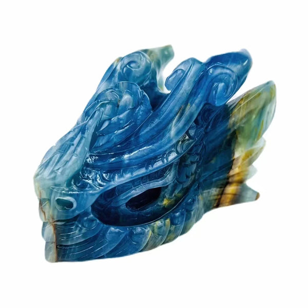 Natural Blue Onyx Gemstone Animal Dragon Skulls Head Carving Sculpture