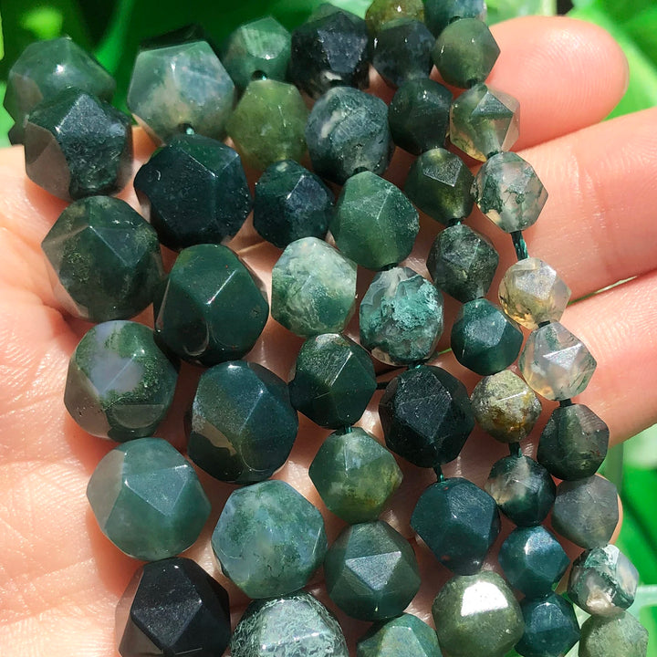 Faceted Green Moss Agates Stone Beads Natural Loose Spacer Beads