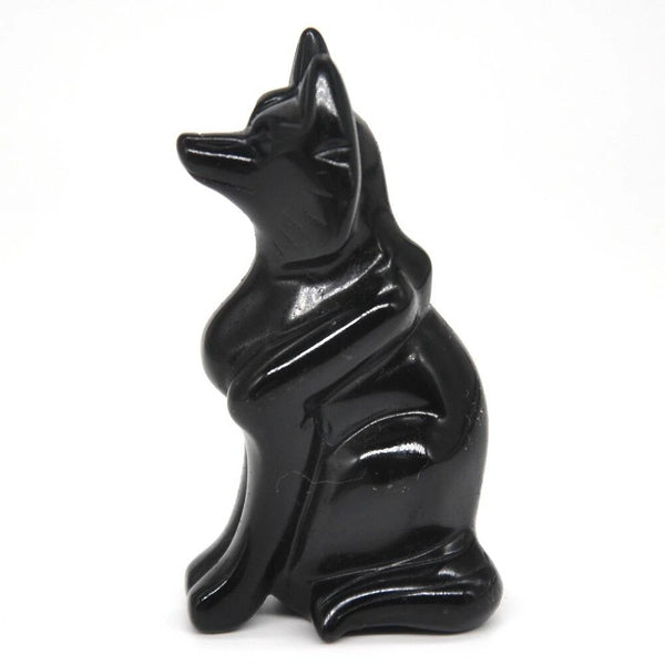 Fox Figurine Healing Crystal Sculpture Natural Black Obsidian Gemstone