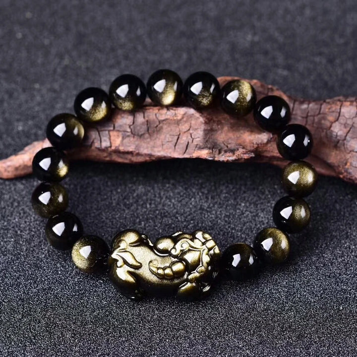 Wholesale Gold Obsidian PIXIU Bracelet With Gold Beads 