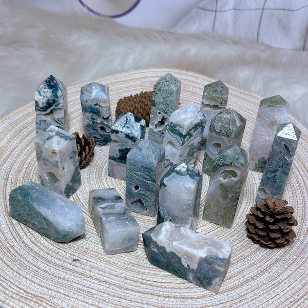 High Quality Natural Crystal Moss Agate Tower Point Druzy Geode