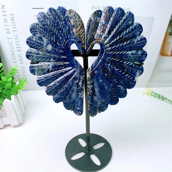 Natural Blue Sodalite Peacock Feather Wings Crystal Carving Gemstone