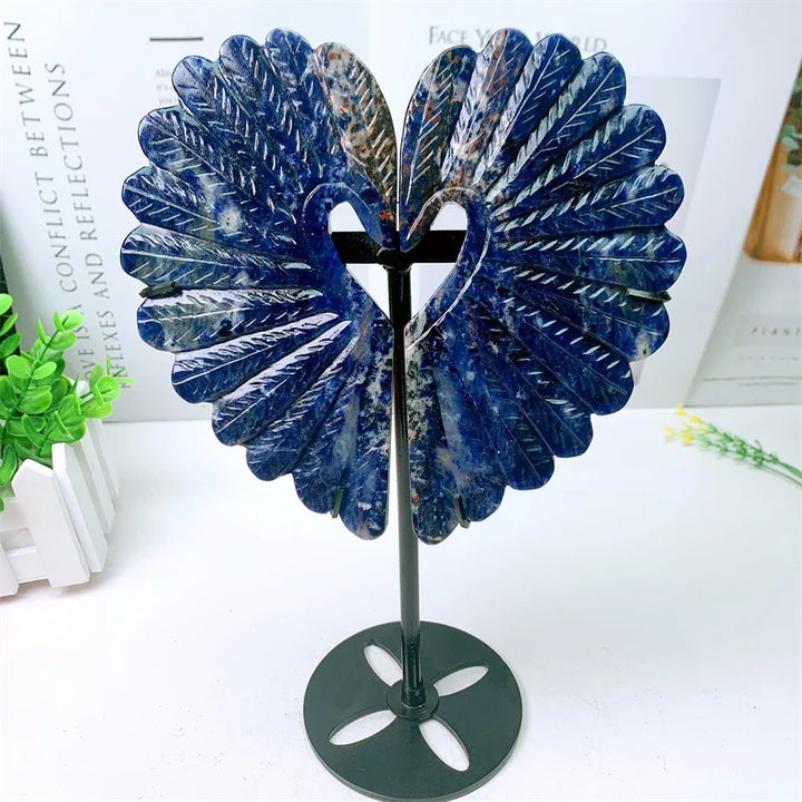 Natural Blue Sodalite Peacock Feather Wings Crystal Carving Gemstone