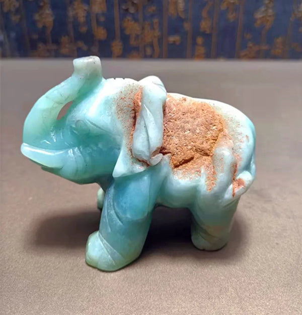 Natural Caribbean Calcite Crystal Carved Elephant Sky Blue Onyx Stone