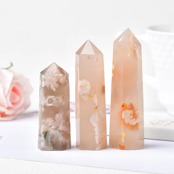 Natural Crystal Quartz Point Healing Stone Cherry Blossom Agate